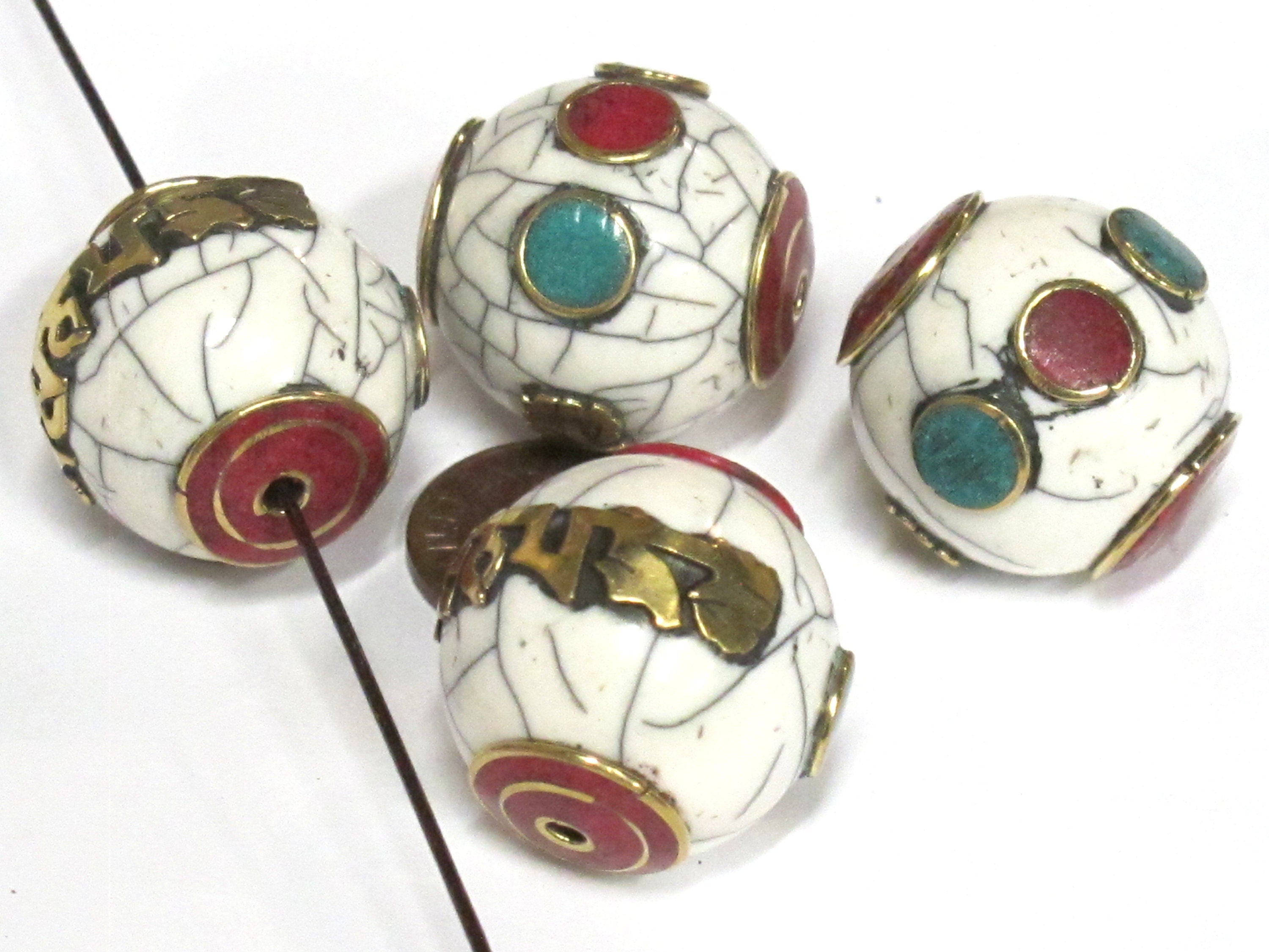 1 Bead - Large thick Tibetan Om mantra white crackle resin bead with brass , turquoise and inlay 24 -25 mm wide - BD980