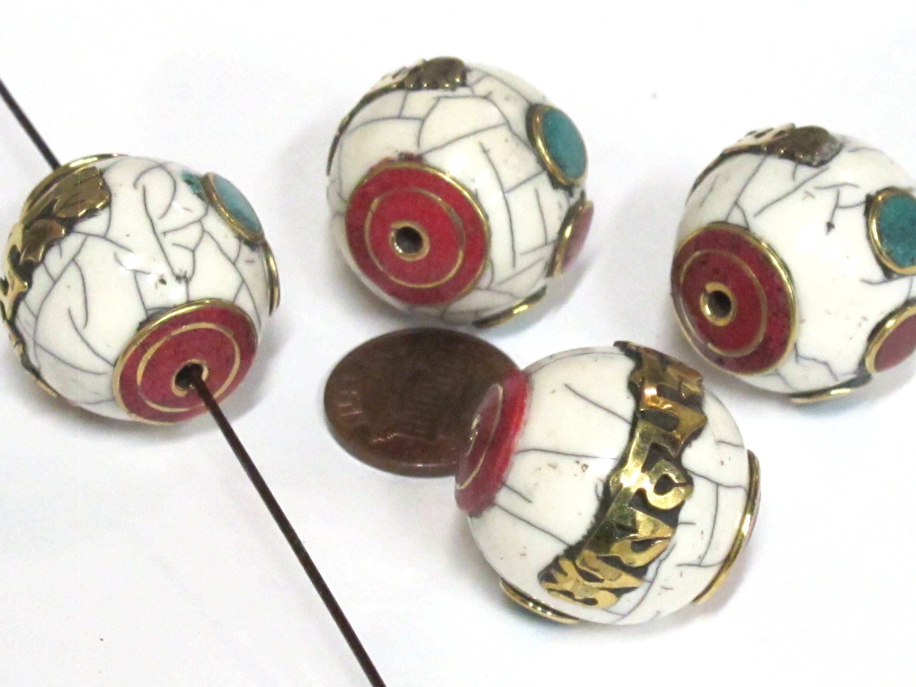 1 Bead - Large thick Tibetan Om mantra white crackle resin bead with brass , turquoise and inlay 24 -25 mm wide - BD980