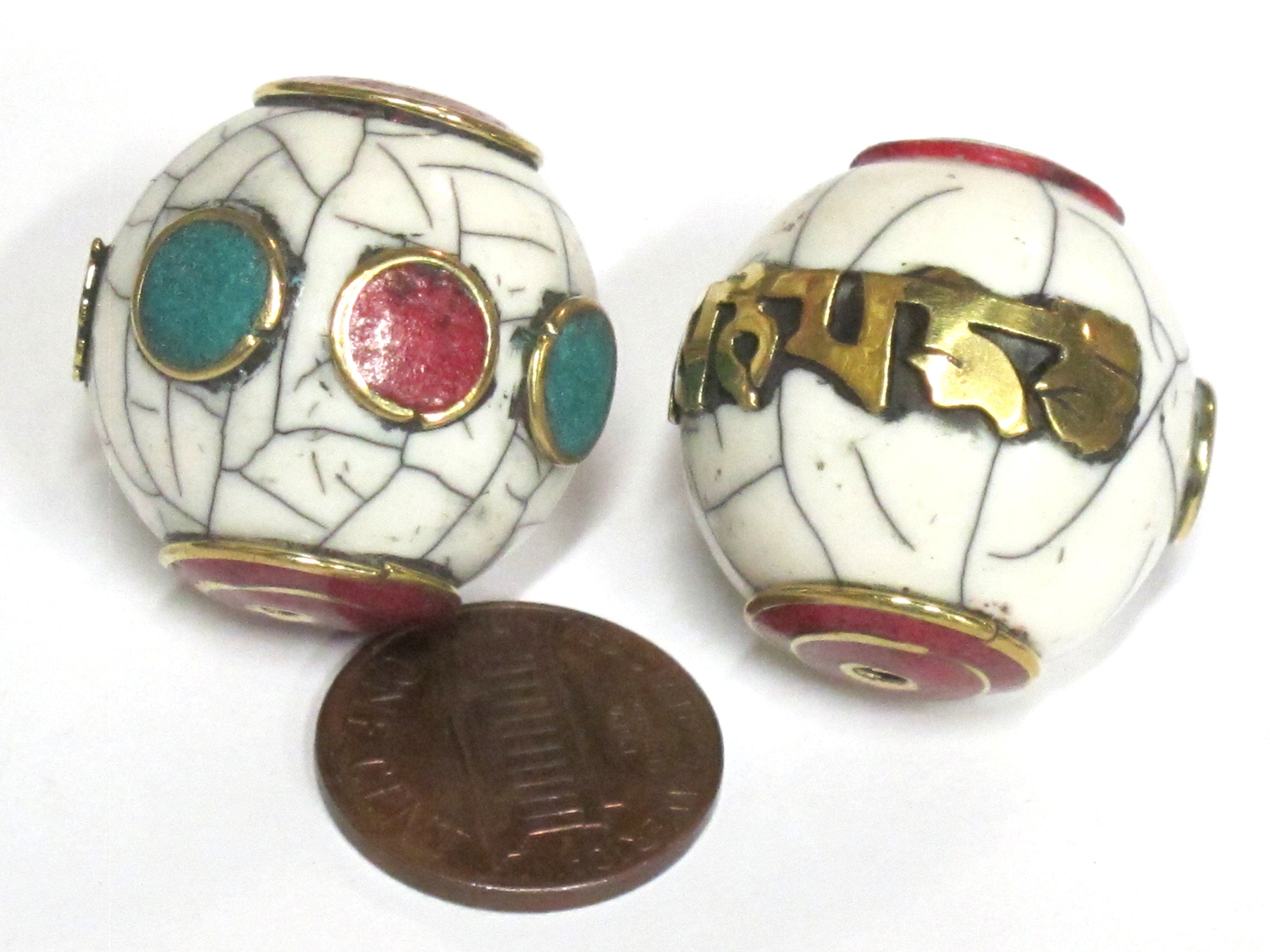 1 Bead - Large thick Tibetan Om mantra white crackle resin bead with brass , turquoise and inlay 24 -25 mm wide - BD980