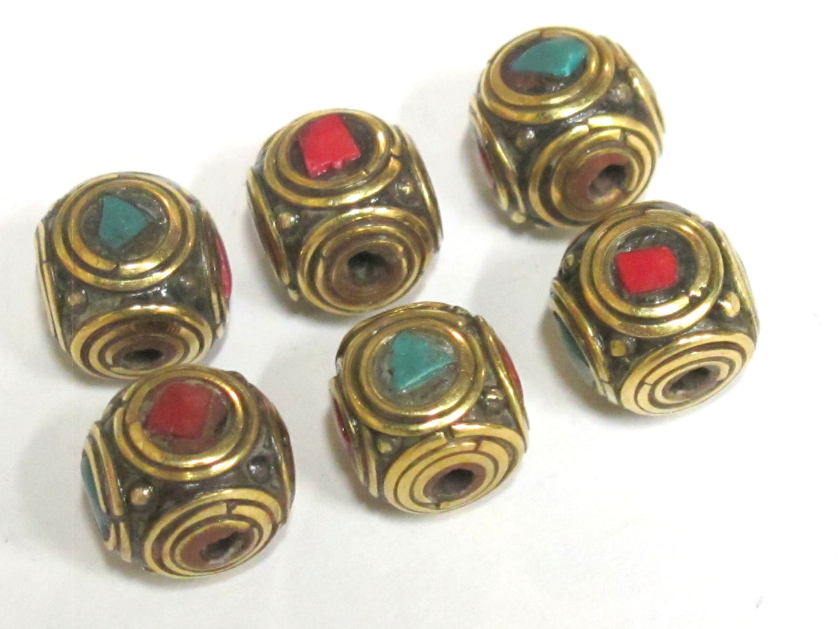 4 Beads - Ethnic Nepal brass beads with turquoise inlay cuboid shape - BD981s