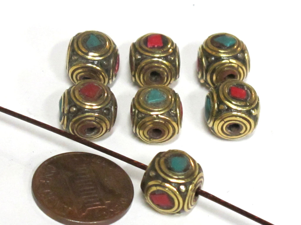 4 Beads - Ethnic Nepal brass beads with turquoise inlay cuboid shape - BD981s