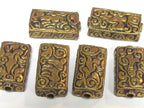 4 beads lot - Rectangular cube shape Tibetan brass repousse random mix floral animal bird carving beads Nepal - BD631K