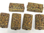 4 beads lot - Rectangular cube shape Tibetan brass repousse random mix floral animal bird carving beads Nepal - BD631K