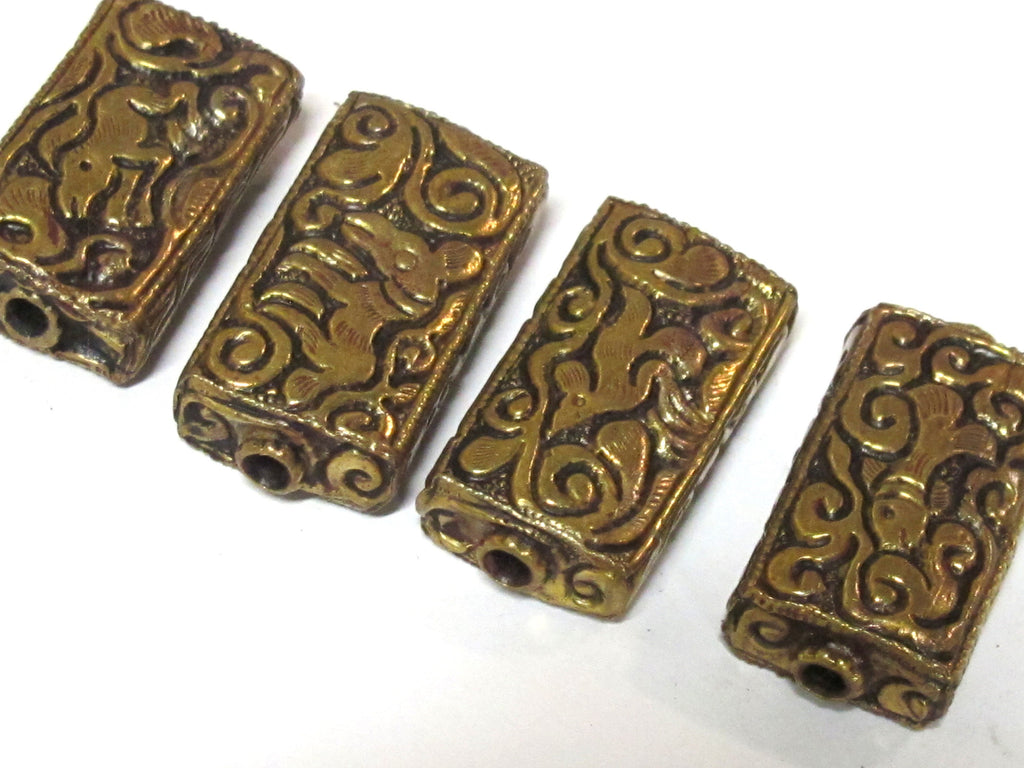 4 beads lot - Rectangular cube shape Tibetan brass repousse random mix floral animal bird carving beads Nepal - BD631K