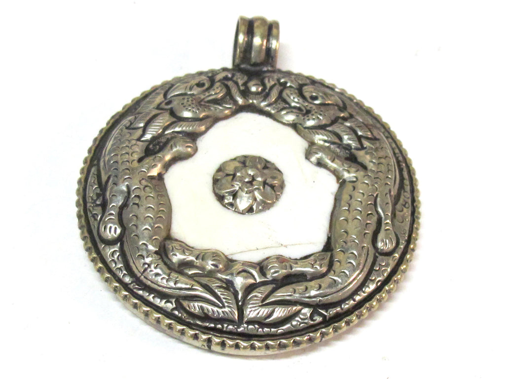 Tibetan pendants - Exotic naga conch shell Tibetan antiqued silver double Dragon Tibetan pendant Nepal - PM246K