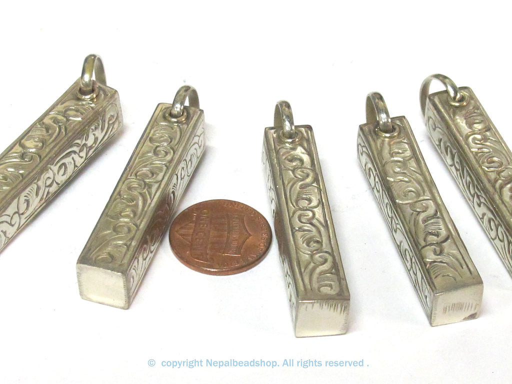 1 Pendant - Tibetan pendants charm -Tibetan rectangular cuboid shape silver finish filigree pendant- ethnic nepal supplies PM118Kx