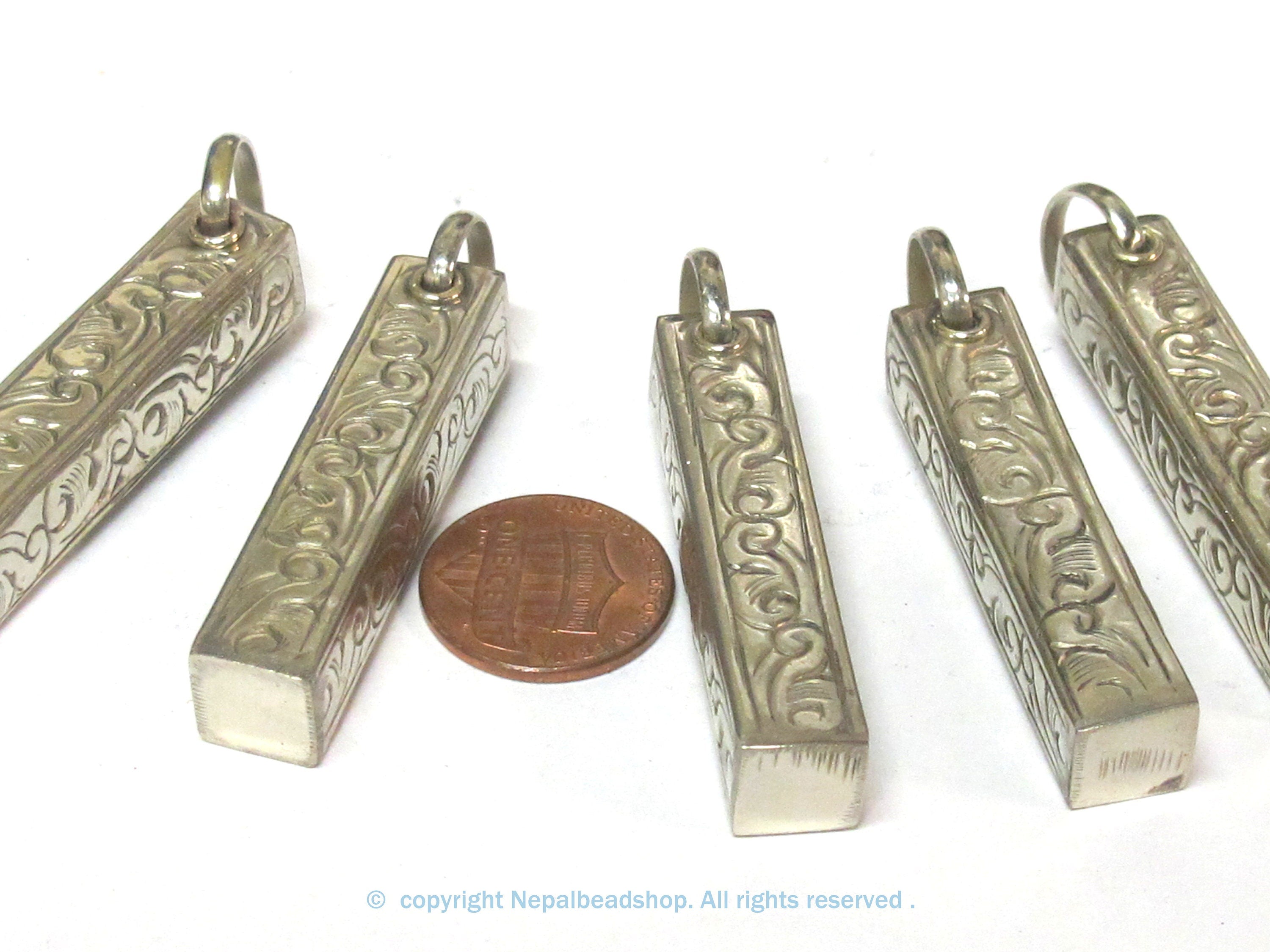 1 Pendant - Tibetan pendants charm -Tibetan rectangular cuboid shape silver finish filigree pendant- ethnic nepal supplies PM118Kx