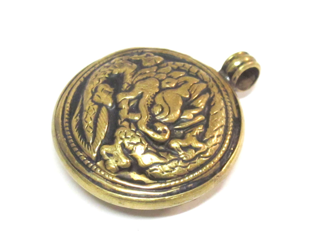 1 Pendant - Tibetan Brass reversible dragon pendant ethnic design brass filigree repousse carving Nepal - PM614