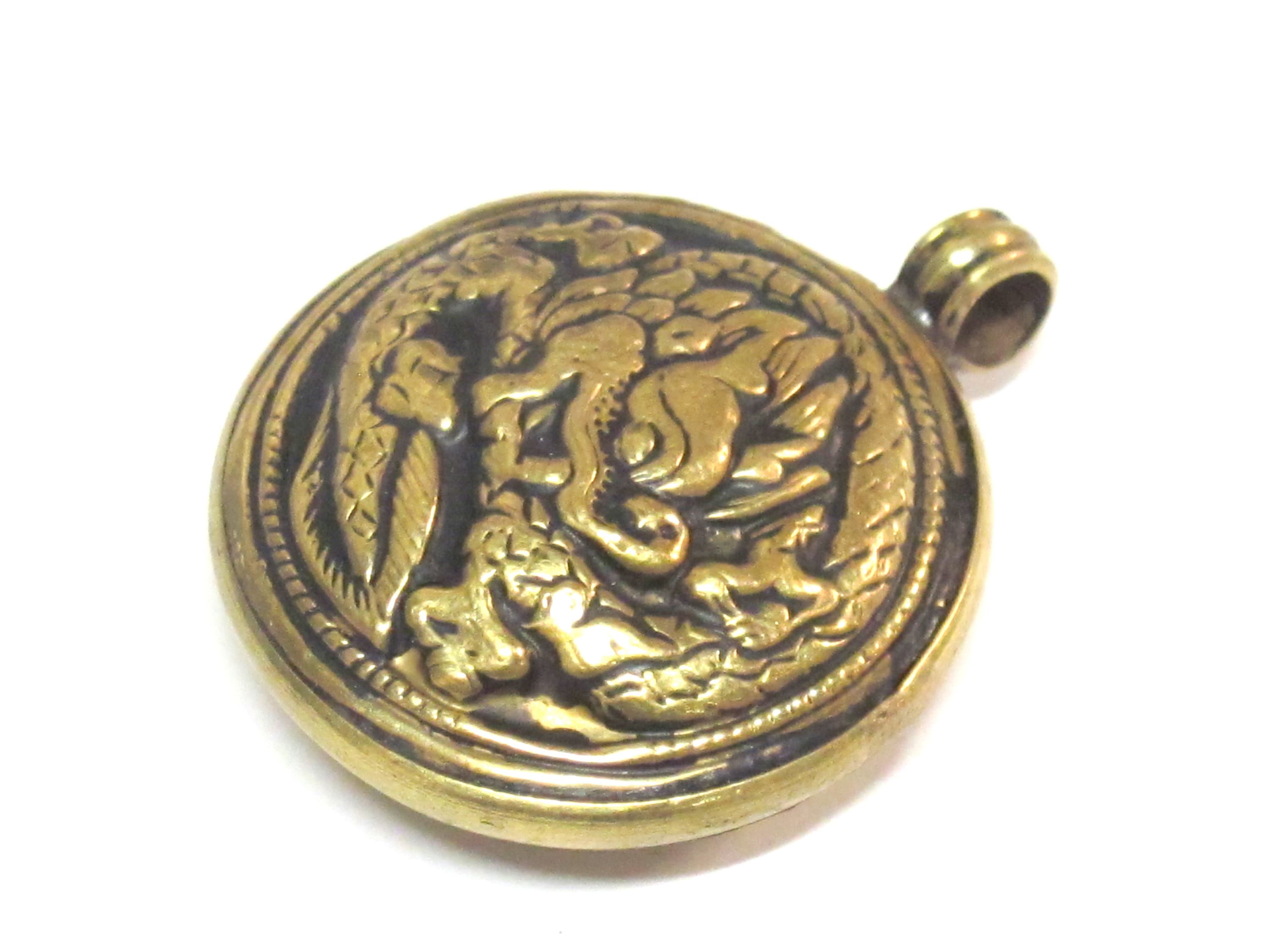 1 Pendant - Tibetan Brass reversible dragon pendant ethnic design brass filigree repousse carving Nepal - PM614