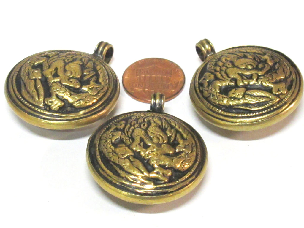 1 Pendant - Tibetan Brass reversible dragon pendant ethnic design brass filigree repousse carving Nepal - PM614