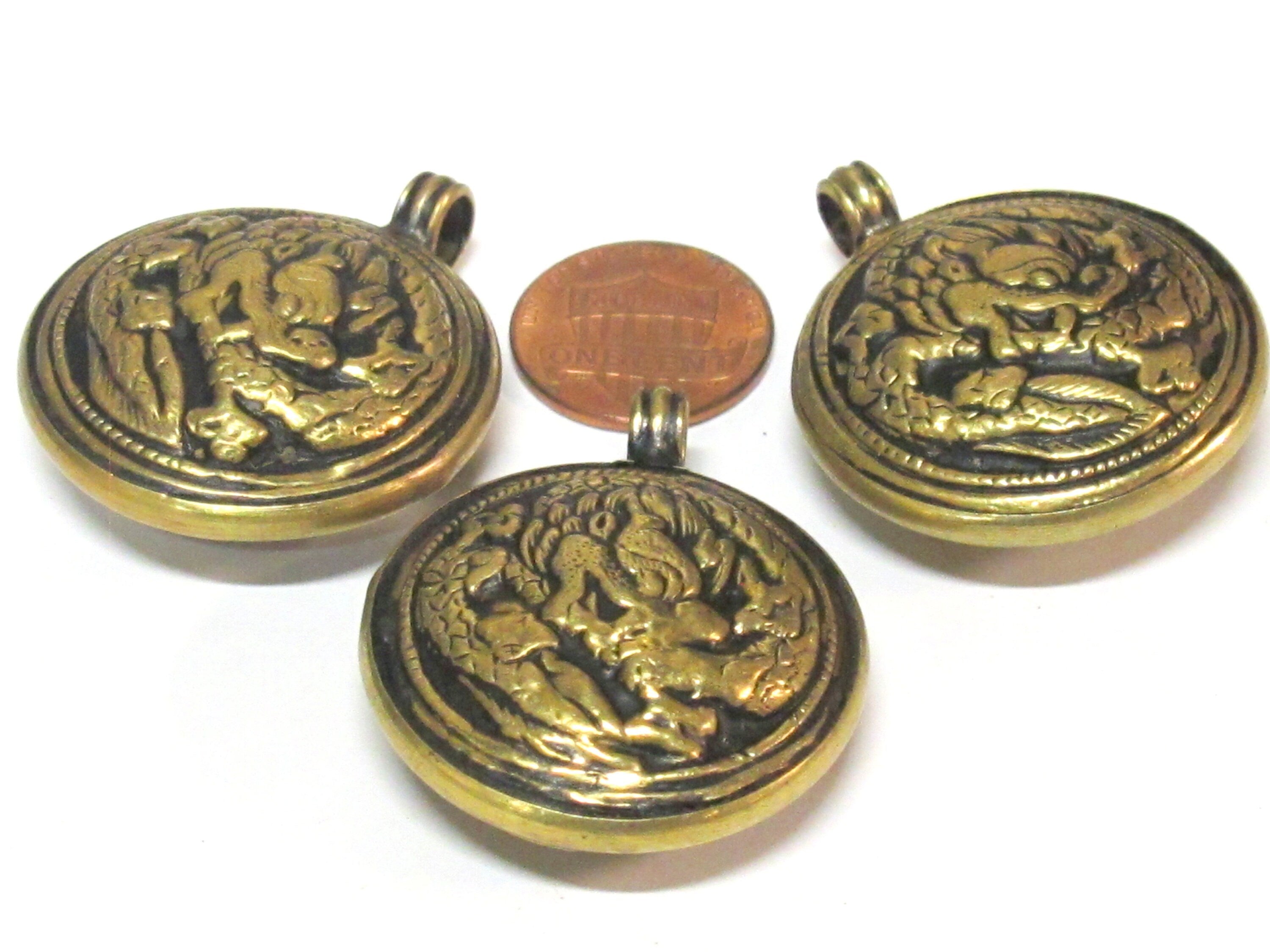 1 Pendant - Tibetan Brass reversible dragon pendant ethnic design brass filigree repousse carving Nepal - PM614