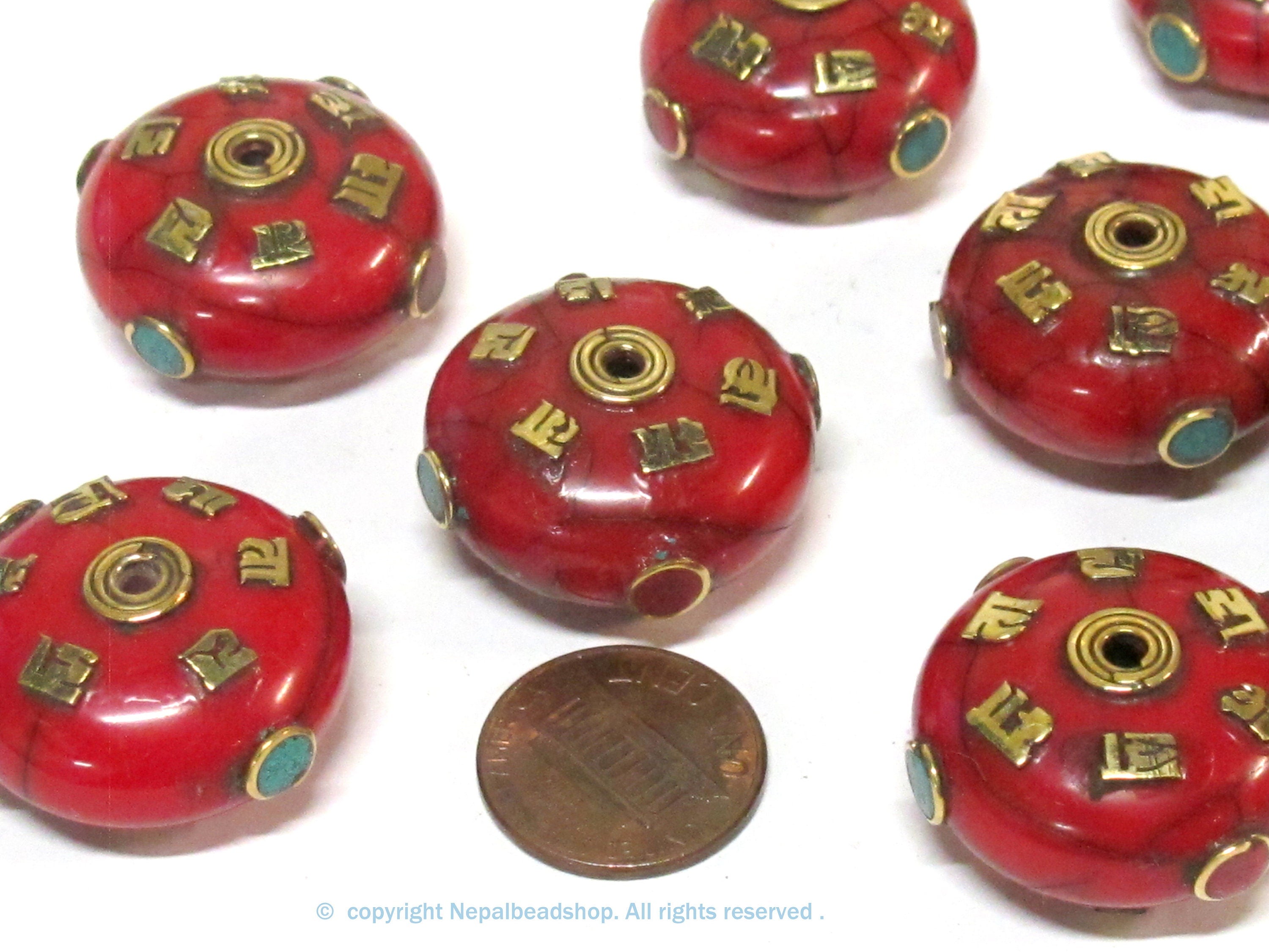 1 BEAD - Large 26 mm red color crackle resin Tibetan Om mani bead with brass , turquoise and inlay - BD719K
