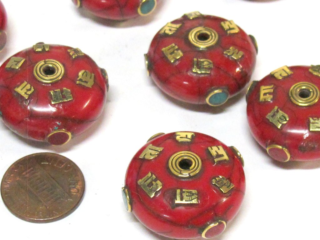 1 BEAD - Large 26 mm red color crackle resin Tibetan Om mani bead with brass , turquoise and inlay - BD719K