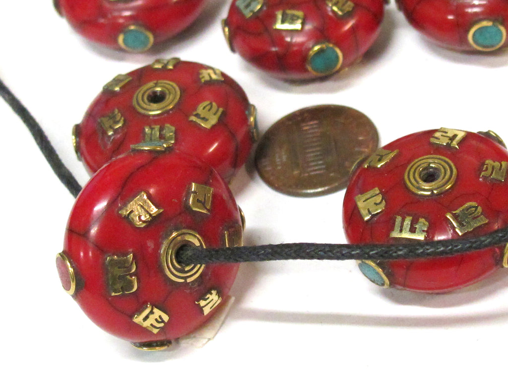 1 BEAD - Large 26 mm red color crackle resin Tibetan Om mani bead with brass , turquoise and inlay - BD719K