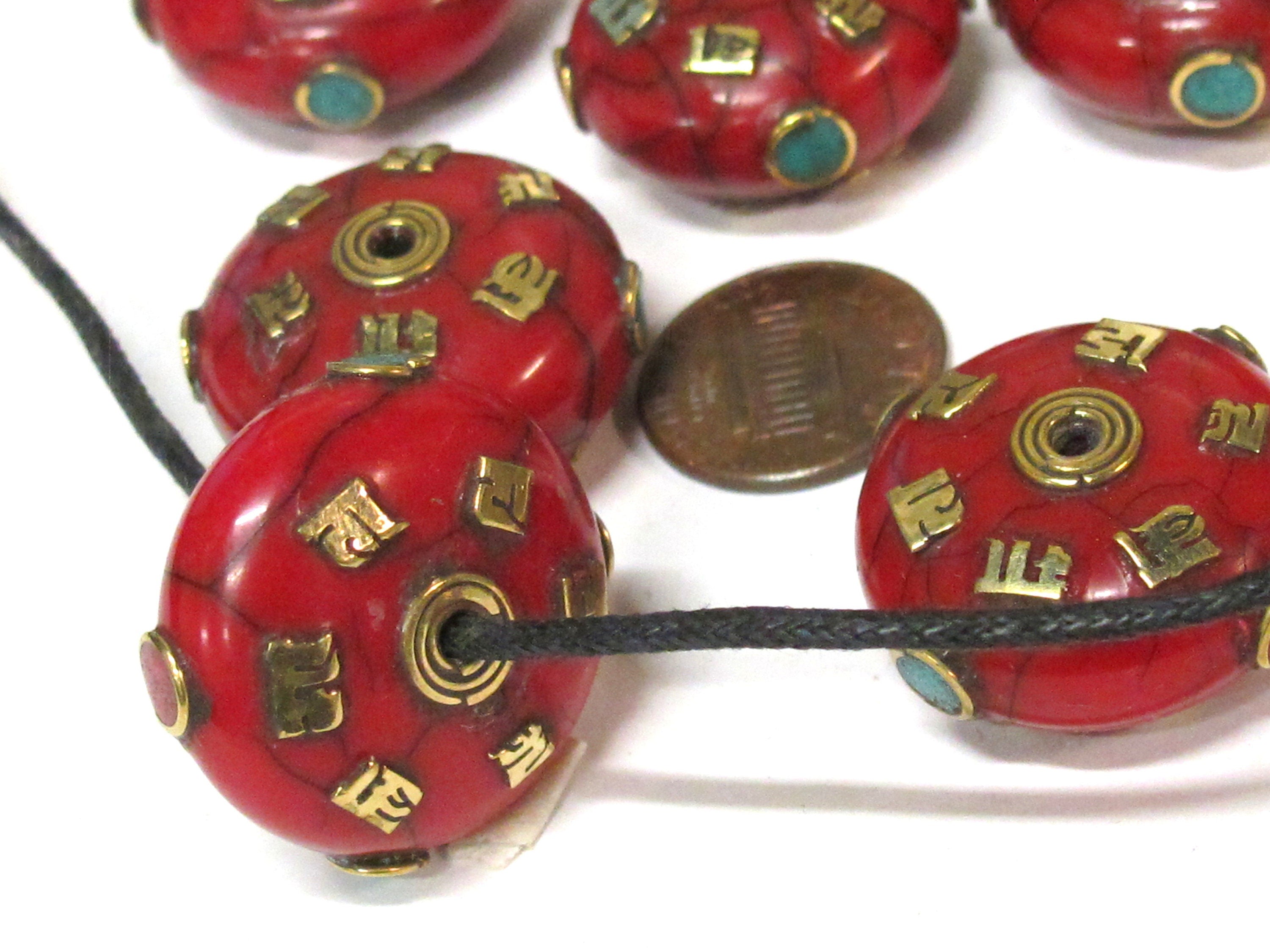 1 BEAD - Large 26 mm red color crackle resin Tibetan Om mani bead with brass , turquoise and inlay - BD719K