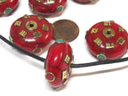 1 BEAD - Large 26 mm red color crackle resin Tibetan Om mani bead with brass , turquoise and inlay - BD719K