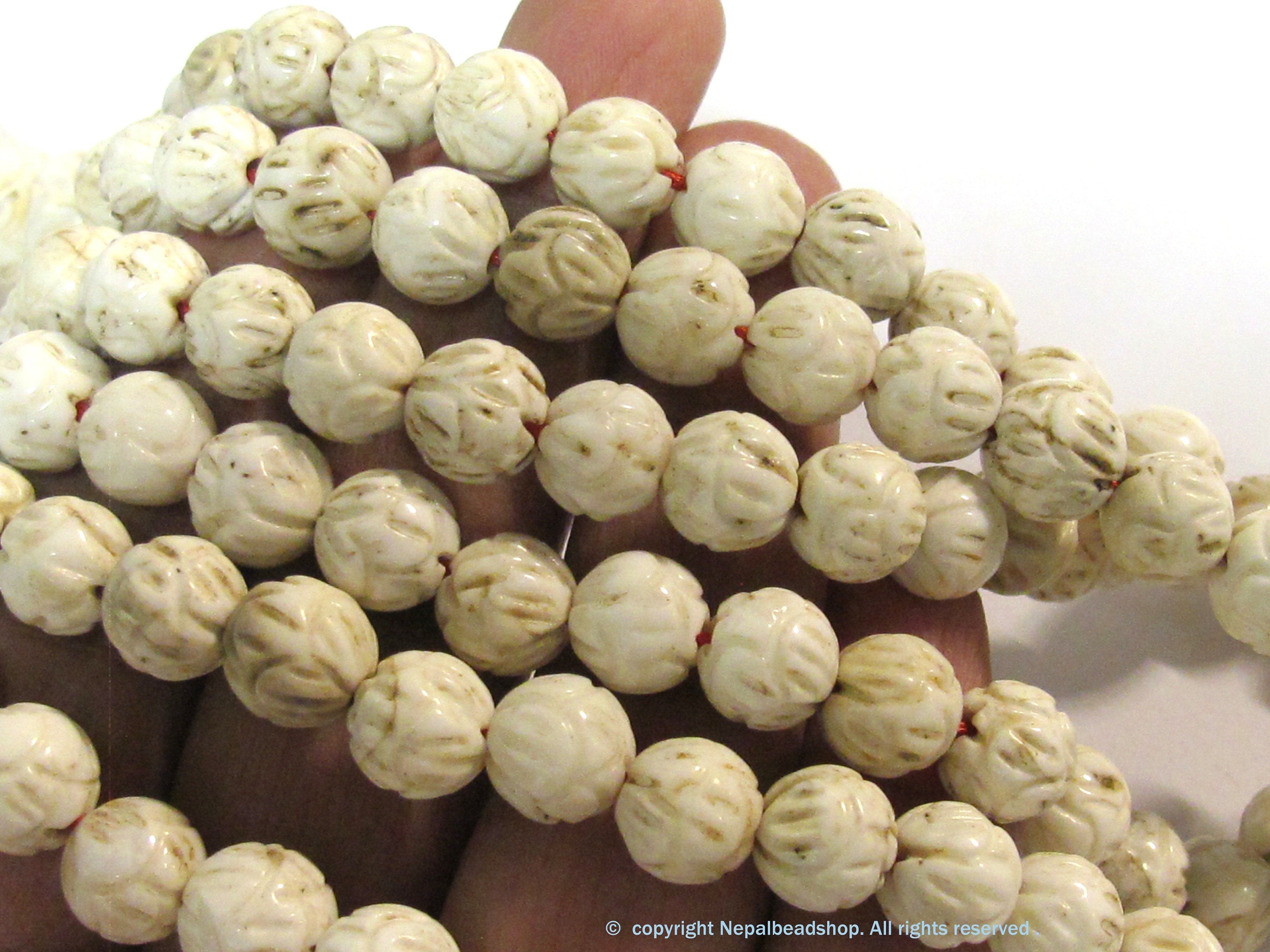 1 strand - Small Ethnic Tibetan Nepal natural conch shell beads carved cut lotus floral shape mala making beads supply -- STR004B