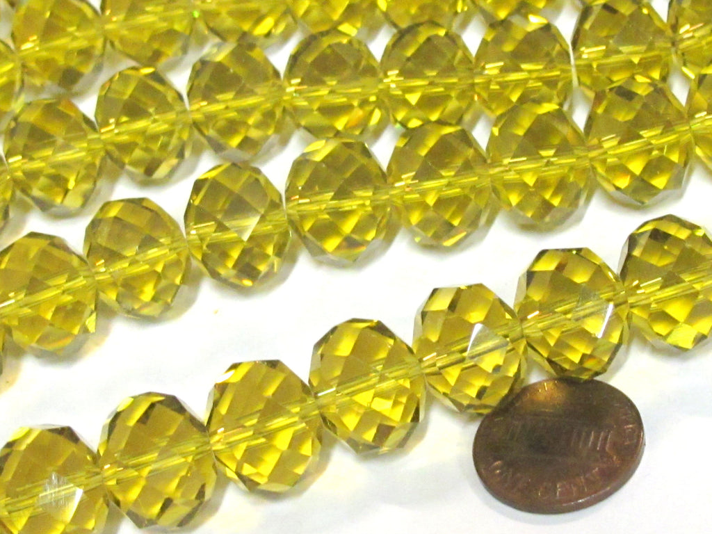 5 beads - Beautiful Large 15 mm size Faceted rondelle shape honey yellow shiny color AB crystal glass beads - AB033K