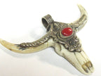 1 Pendant - Large unique gorgeous cattle skull head double horn design bone pendant with coral inlay handicraft from Nepal - PB120A