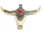1 Pendant - Large unique gorgeous cattle skull head double horn design bone pendant with coral inlay handicraft from Nepal - PB120A