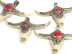 1 Pendant - Large unique gorgeous cattle skull head double horn design bone pendant with coral inlay handicraft from Nepal - PB120A