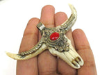 1 Pendant - Large unique gorgeous cattle skull head double horn design bone pendant with coral inlay handicraft from Nepal - PB120A