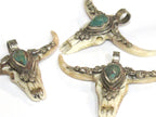 1 Pendant - Large unique gorgeous cattle skull head double horn design bone pendant with turquoise inlay handicraft from Nepal - PB120B