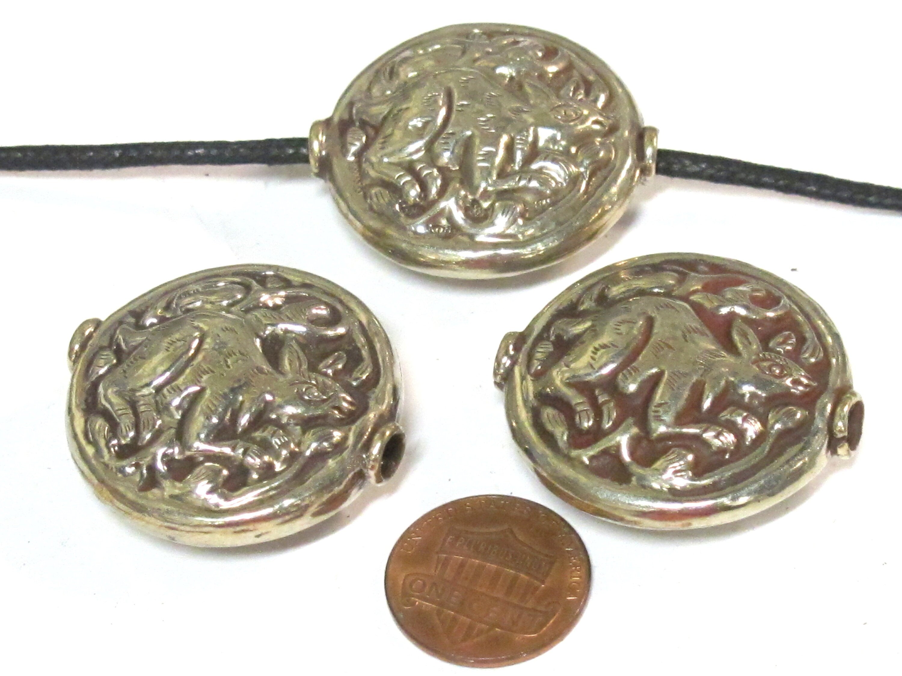 1 Bead - Large size Tibetan antiqued silver color finish repousse rabbit design focal bead - BD424B