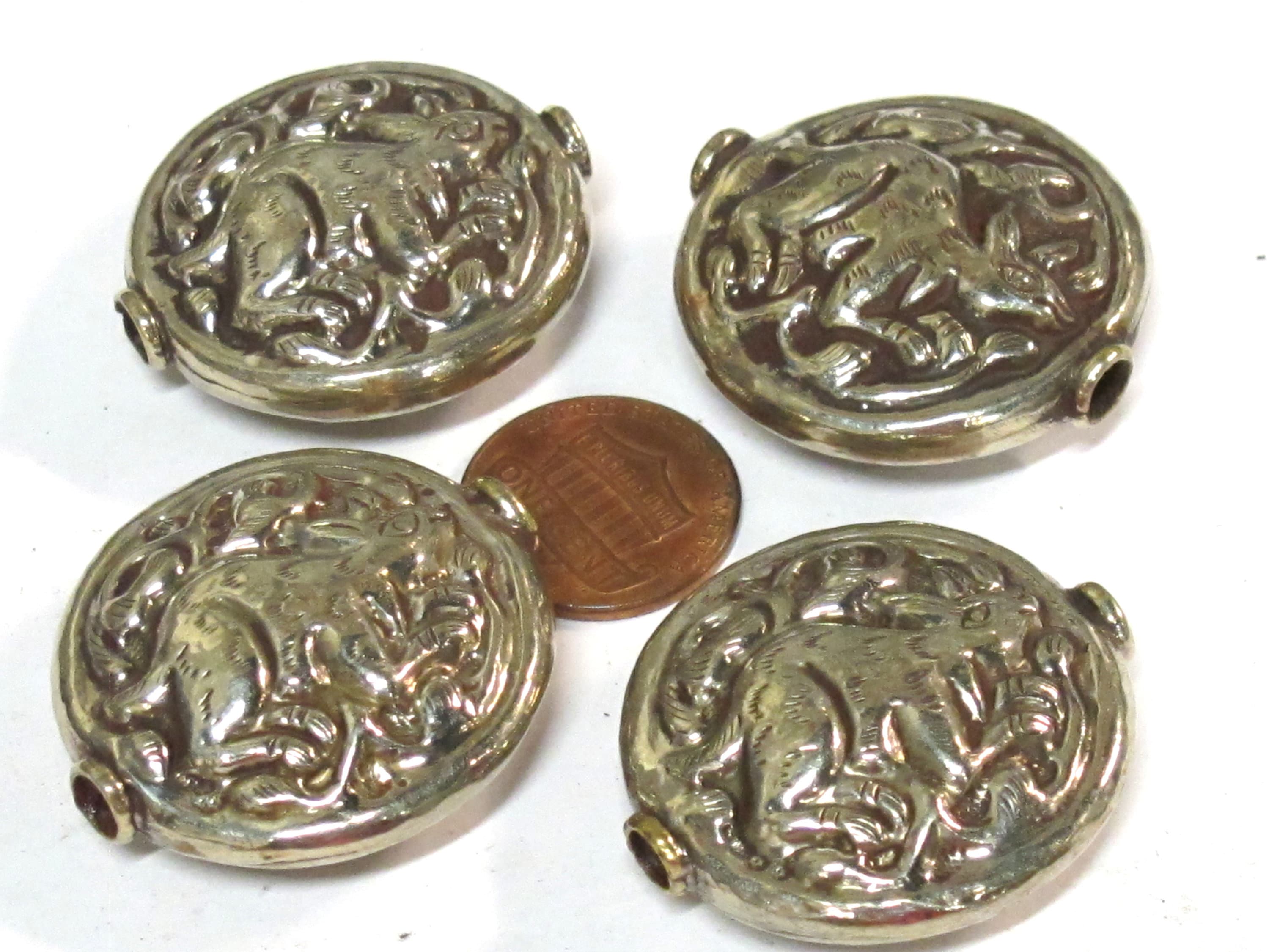 1 Bead - Large size Tibetan antiqued silver color finish repousse rabbit design focal bead - BD424B