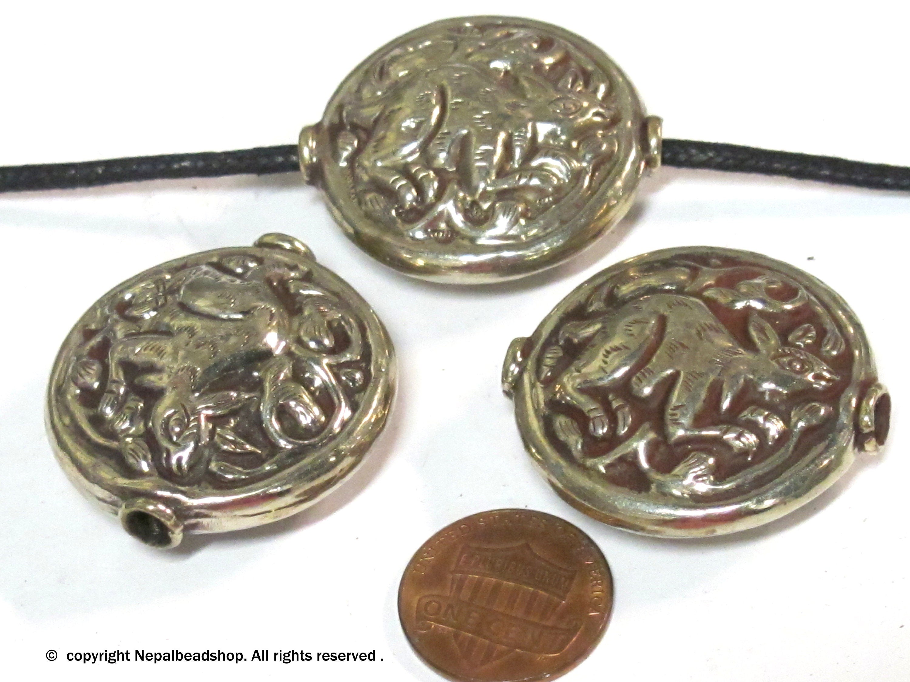 1 Bead - Large size Tibetan antiqued silver color finish repousse rabbit design focal bead - BD424B