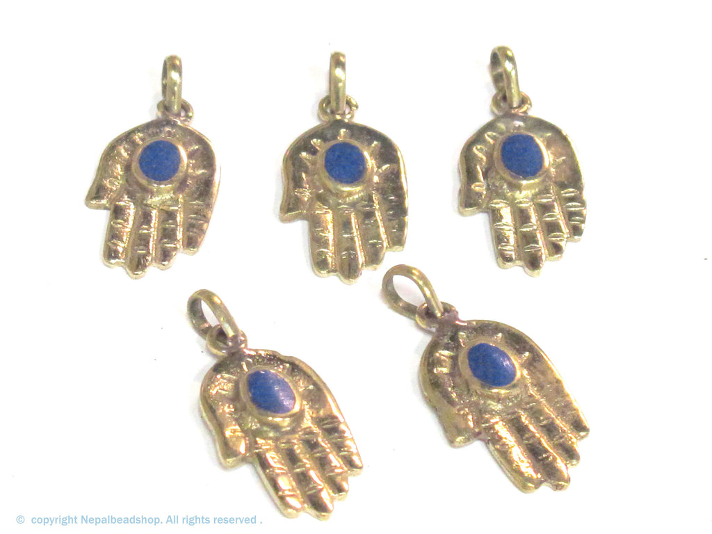 1 Pendant - Small size Tibetan Buddha hand brass pendant with lapis inlay - PM297B