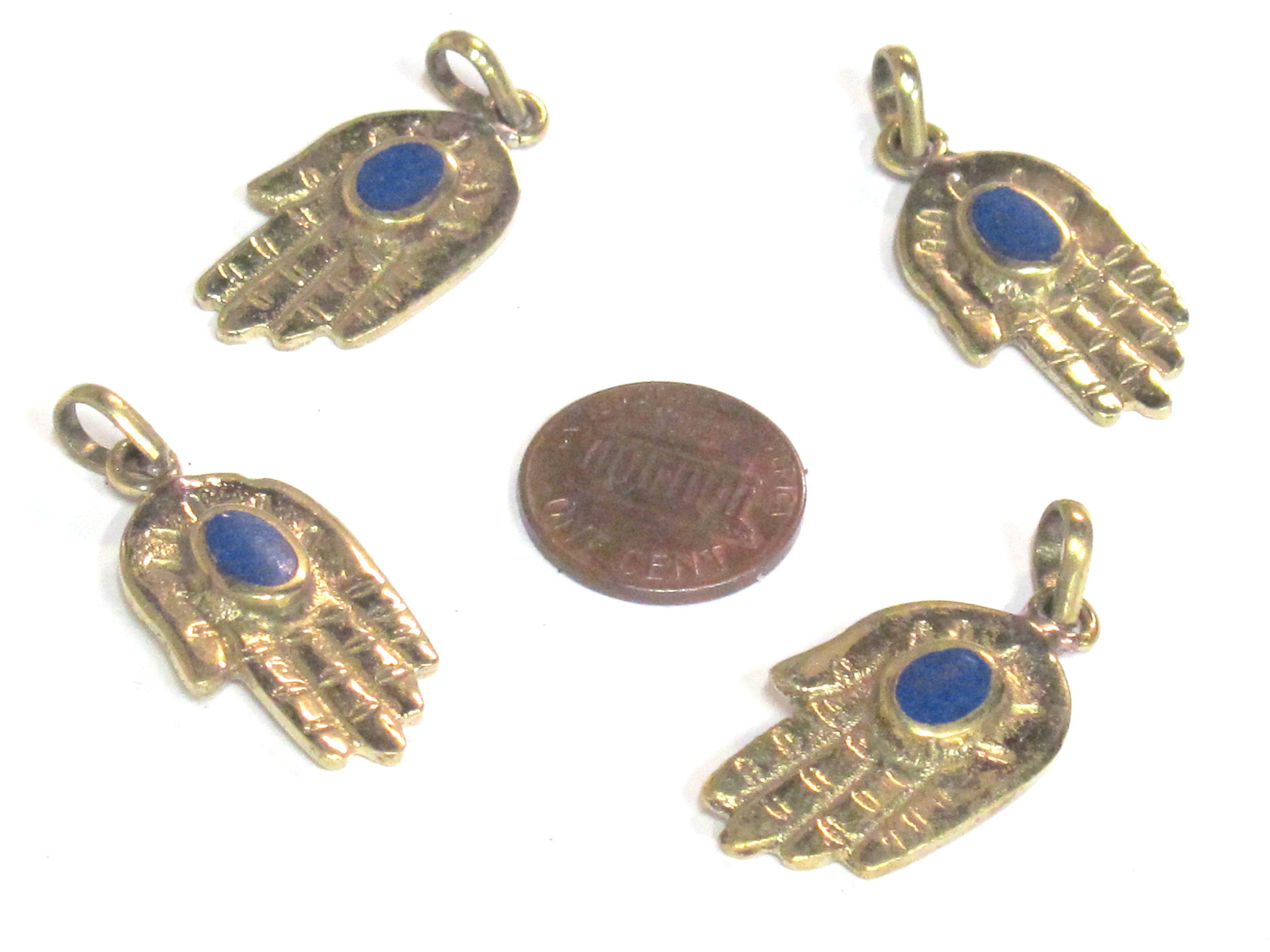1 Pendant - Small size Tibetan Buddha hand brass pendant with lapis inlay - PM297B
