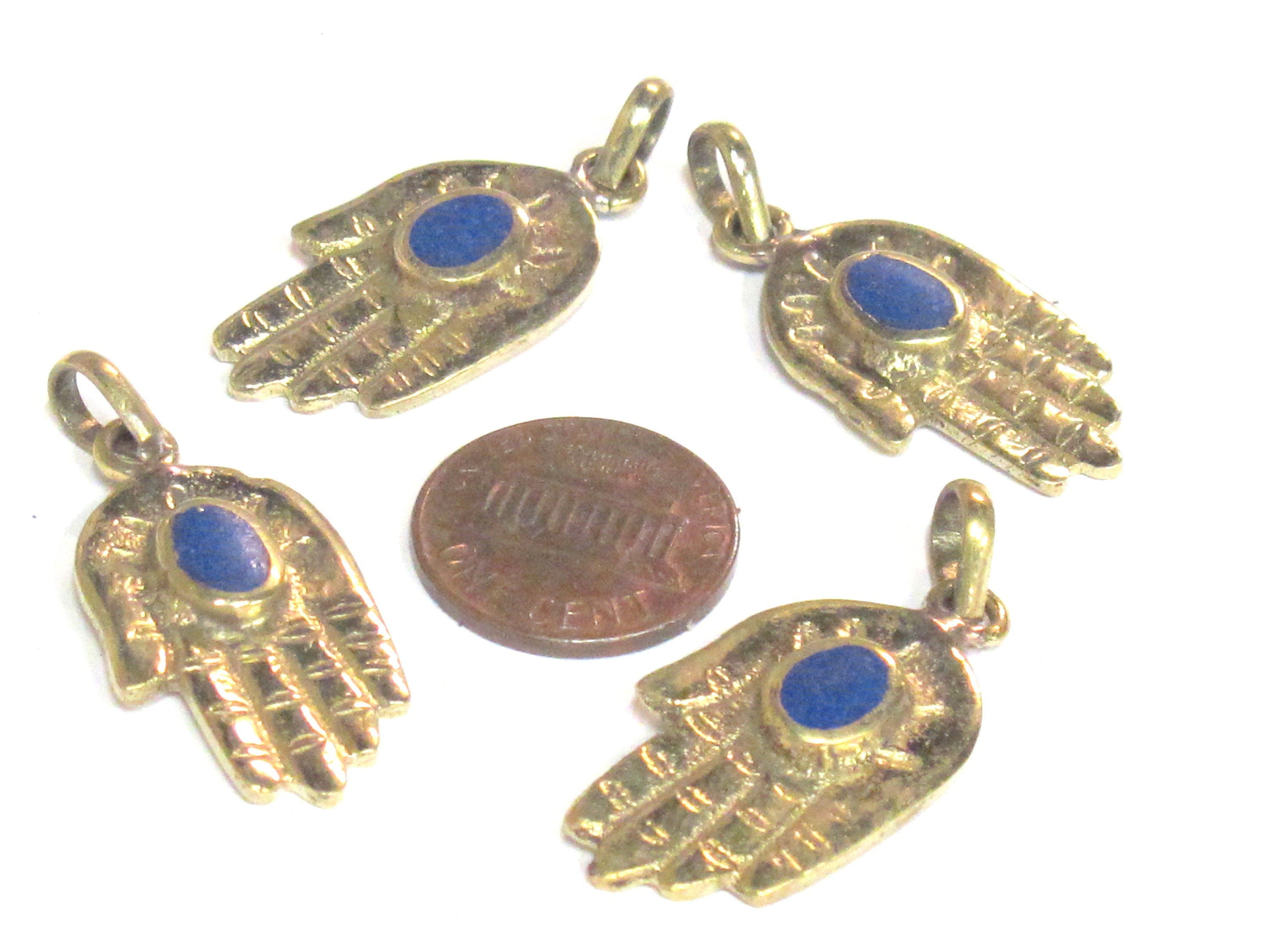 1 Pendant - Small size Tibetan Buddha hand brass pendant with lapis inlay - PM297B