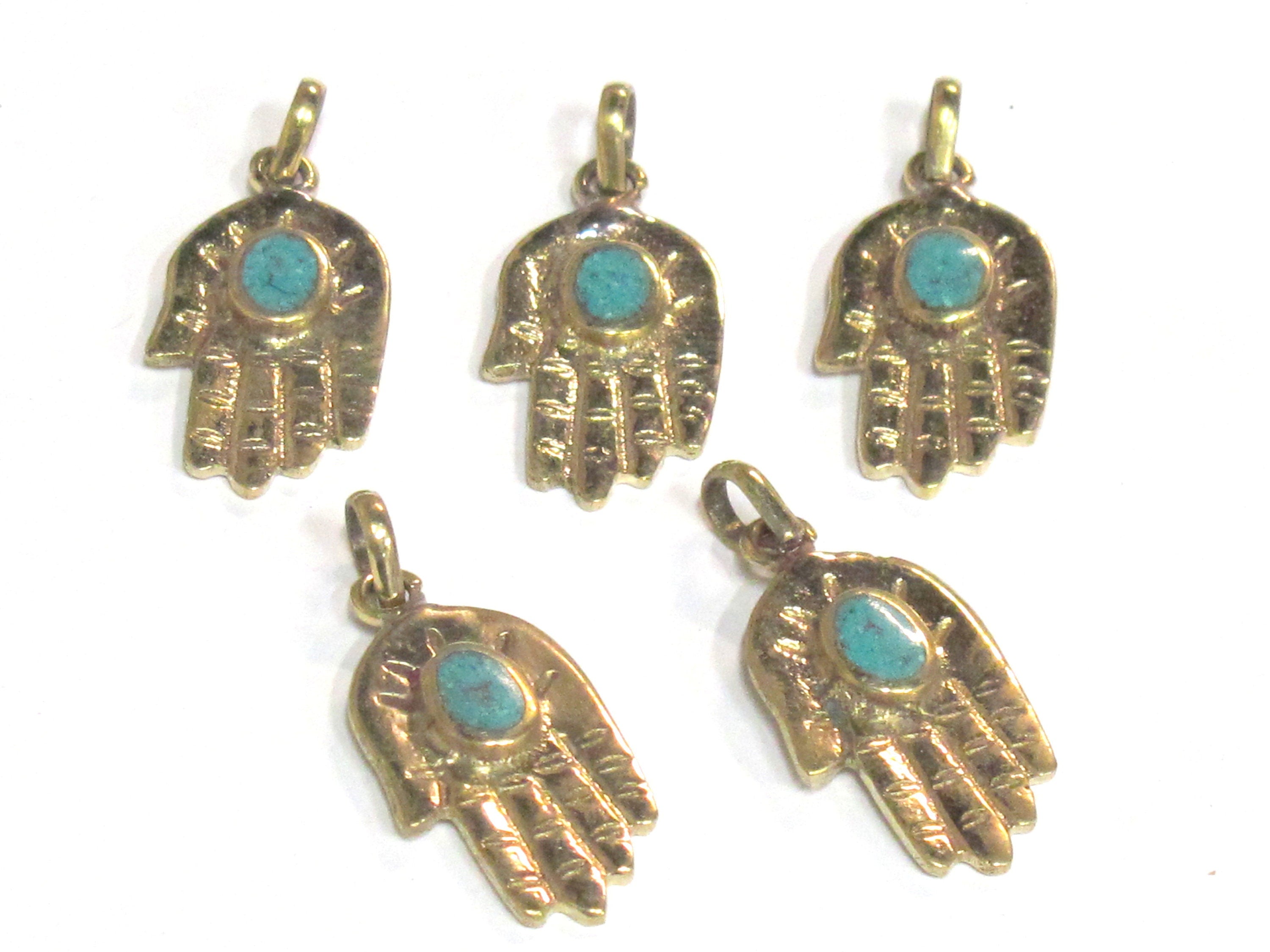 1 Pendant - Small size Tibetan Buddha hand brass pendant with turquoise inlay - PM297C