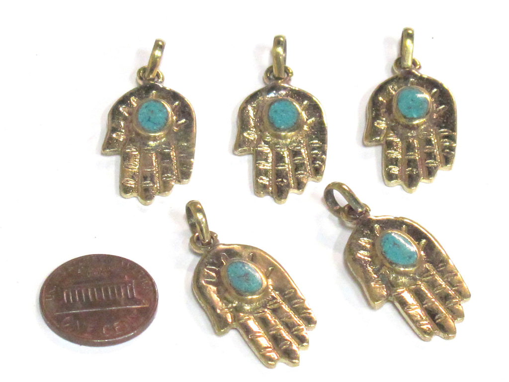 1 Pendant - Small size Tibetan Buddha hand brass pendant with turquoise inlay - PM297C