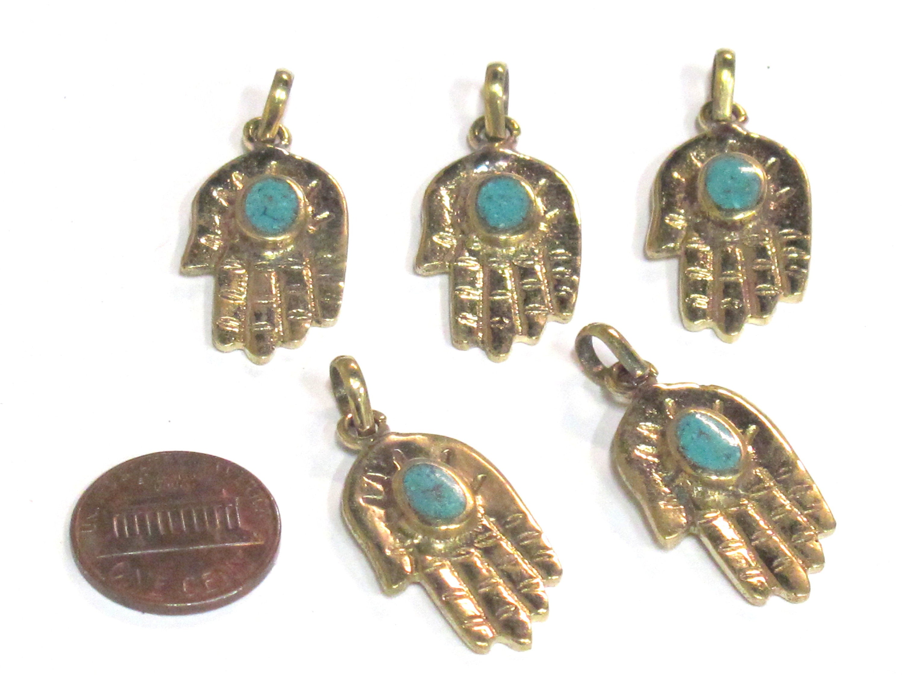 1 Pendant - Small size Tibetan Buddha hand brass pendant with turquoise inlay - PM297C