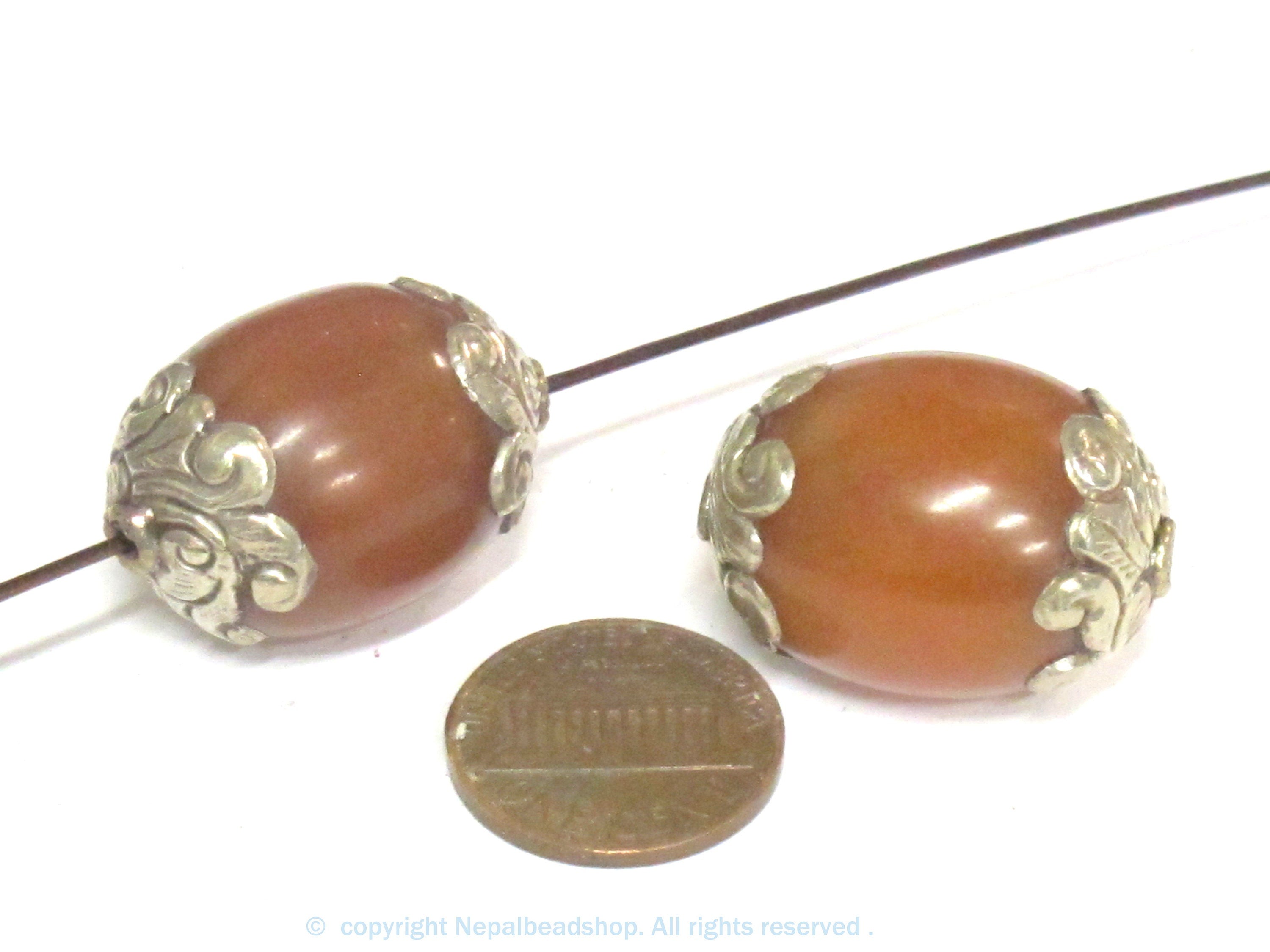 2 Beads - Large Thick Tibetan copal resin silver color capped bead - BD527Cx