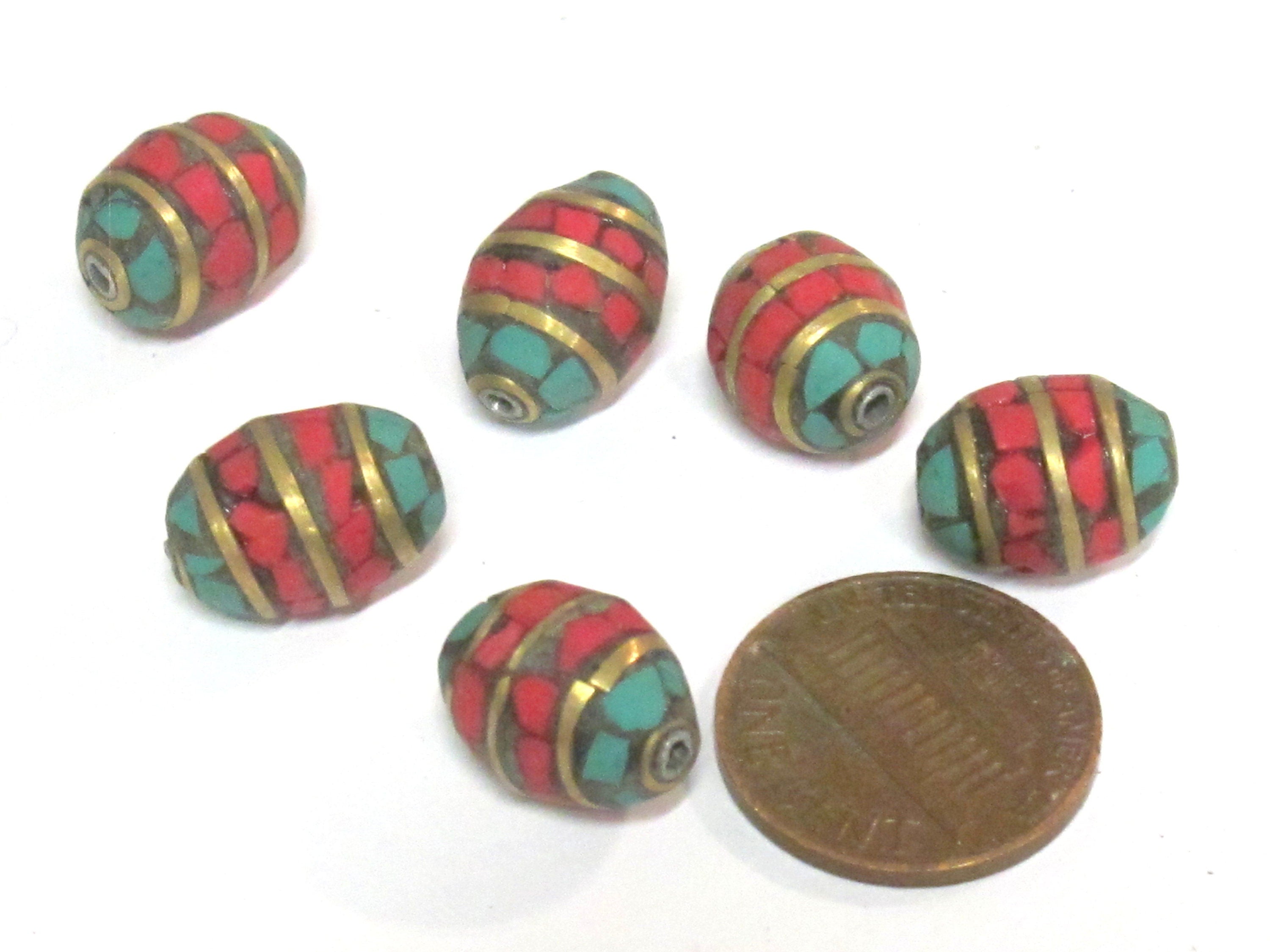 2 beads - Tibetan Nepal beads Red blue color mosaic band design brass beads with turquoise inlay - BD898F