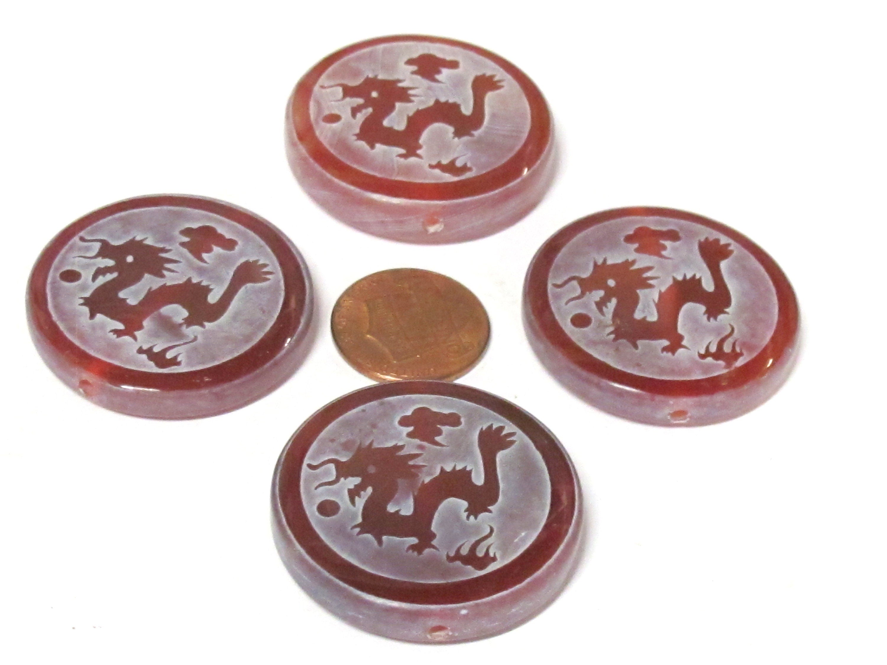 1 Bead - Tibetan dragon phoenix reversible etched agate disc shape gemstone bead - BD161