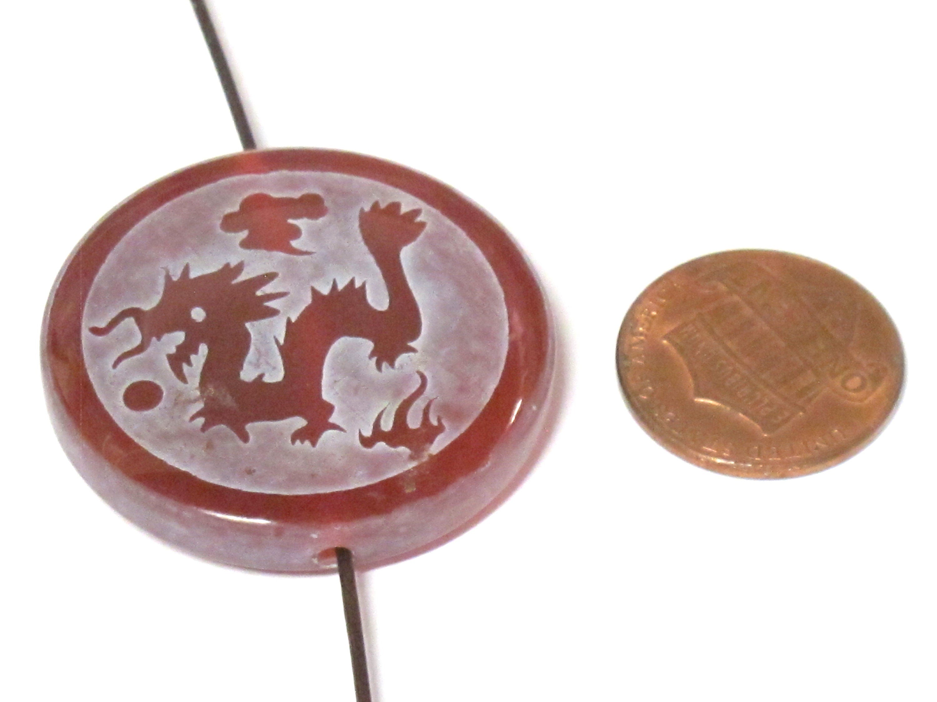 1 Bead - Tibetan dragon phoenix reversible etched agate disc shape gemstone bead - BD161