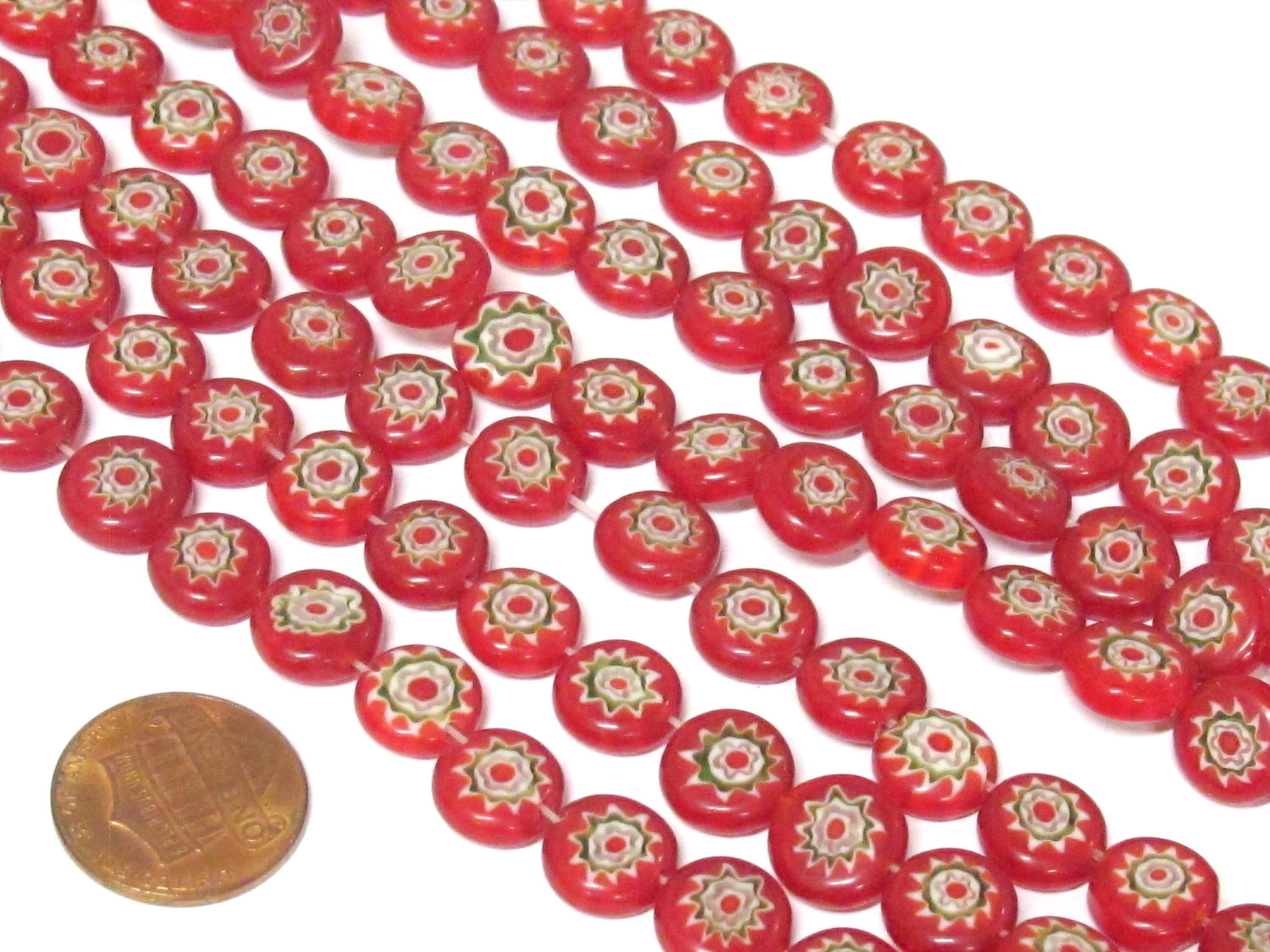20 BEADS - Red color sun floral chakra design flat disc shape glass beads 10 mm wide - AB001R