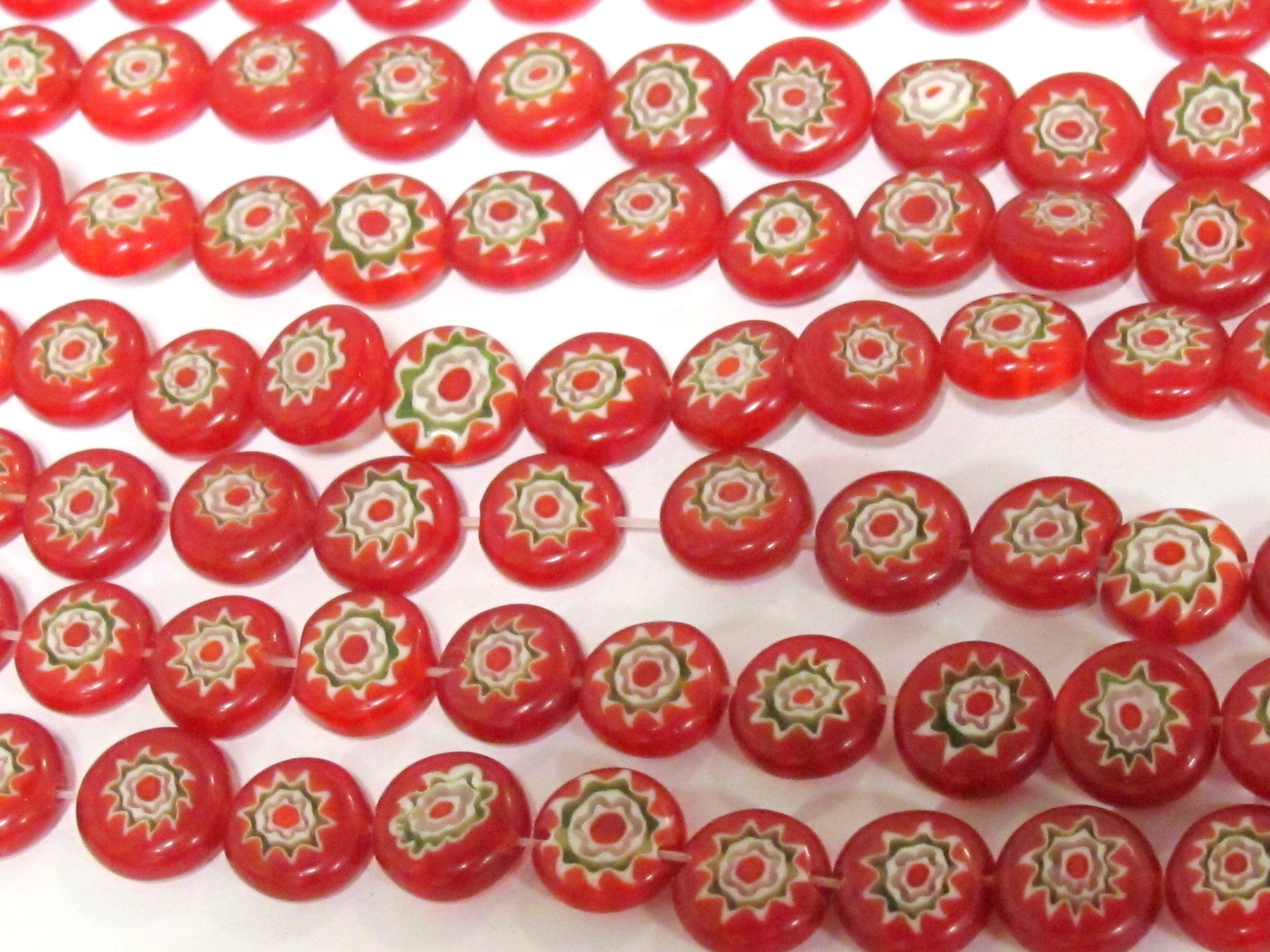 20 BEADS - Red color sun floral chakra design flat disc shape glass beads 10 mm wide - AB001R