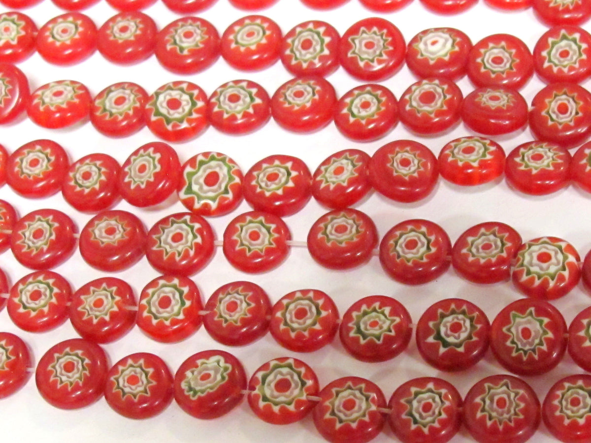 20 BEADS - Red color sun floral chakra design flat disc shape glass beads 10 mm wide - AB001R