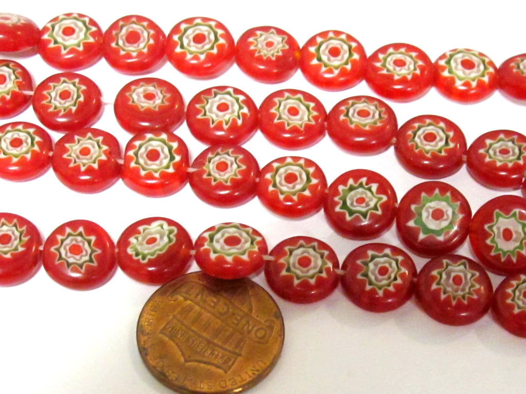 20 BEADS - Red color sun floral chakra design flat disc shape glass beads 10 mm wide - AB001R