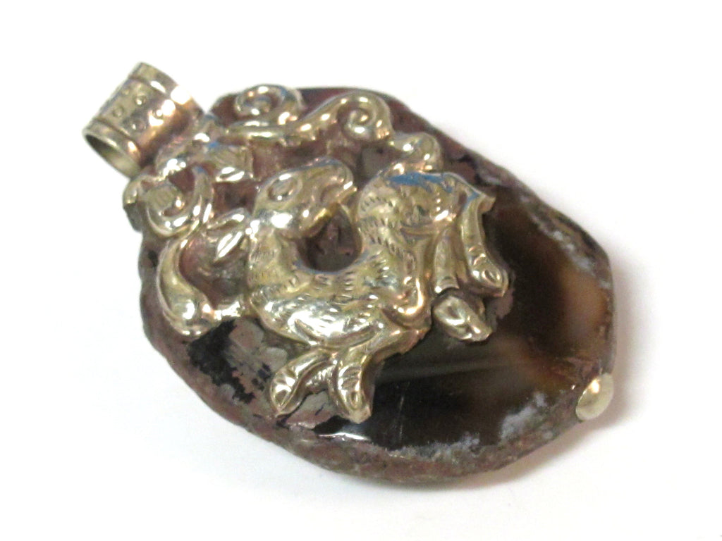 Beautiful Tibetan earthy agate gemstone pendant with deer butterfly reversible design - PM206D