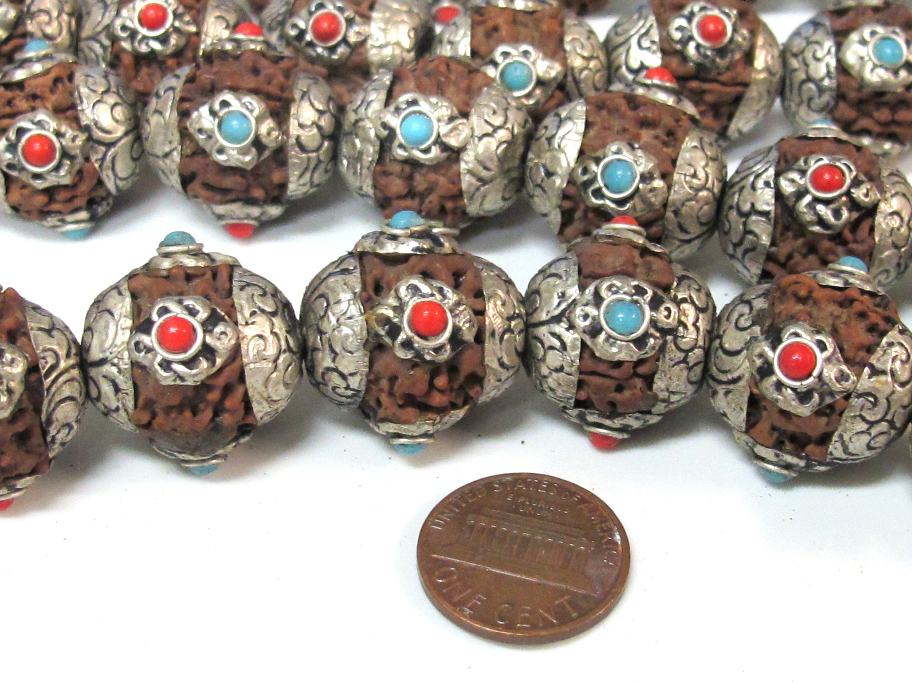 Nepal beads - 4 beads - tibetan beads Large Nepal Rudraksha beads nature beads tibetan silver floral cap infinity knot design on beads NB156