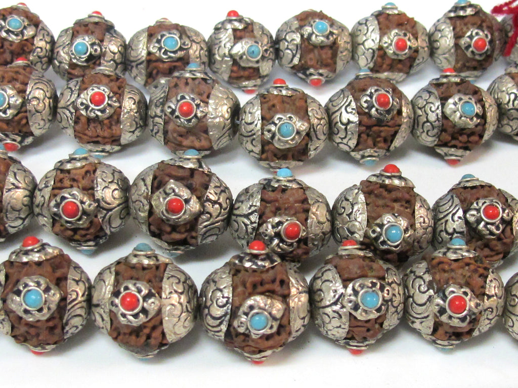Nepal beads - 4 beads - tibetan beads Large Nepal Rudraksha beads nature beads tibetan silver floral cap infinity knot design on beads NB156