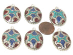 2 charms - Oval shield shape Tibetan silver finish charm pendant with mosaic turquoise lapis inlay - PM616A
