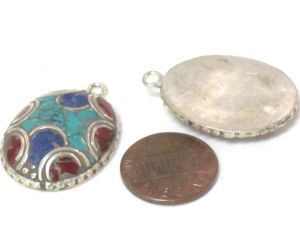 2 charms - Oval shield shape Tibetan silver finish charm pendant with mosaic turquoise lapis inlay - PM616A