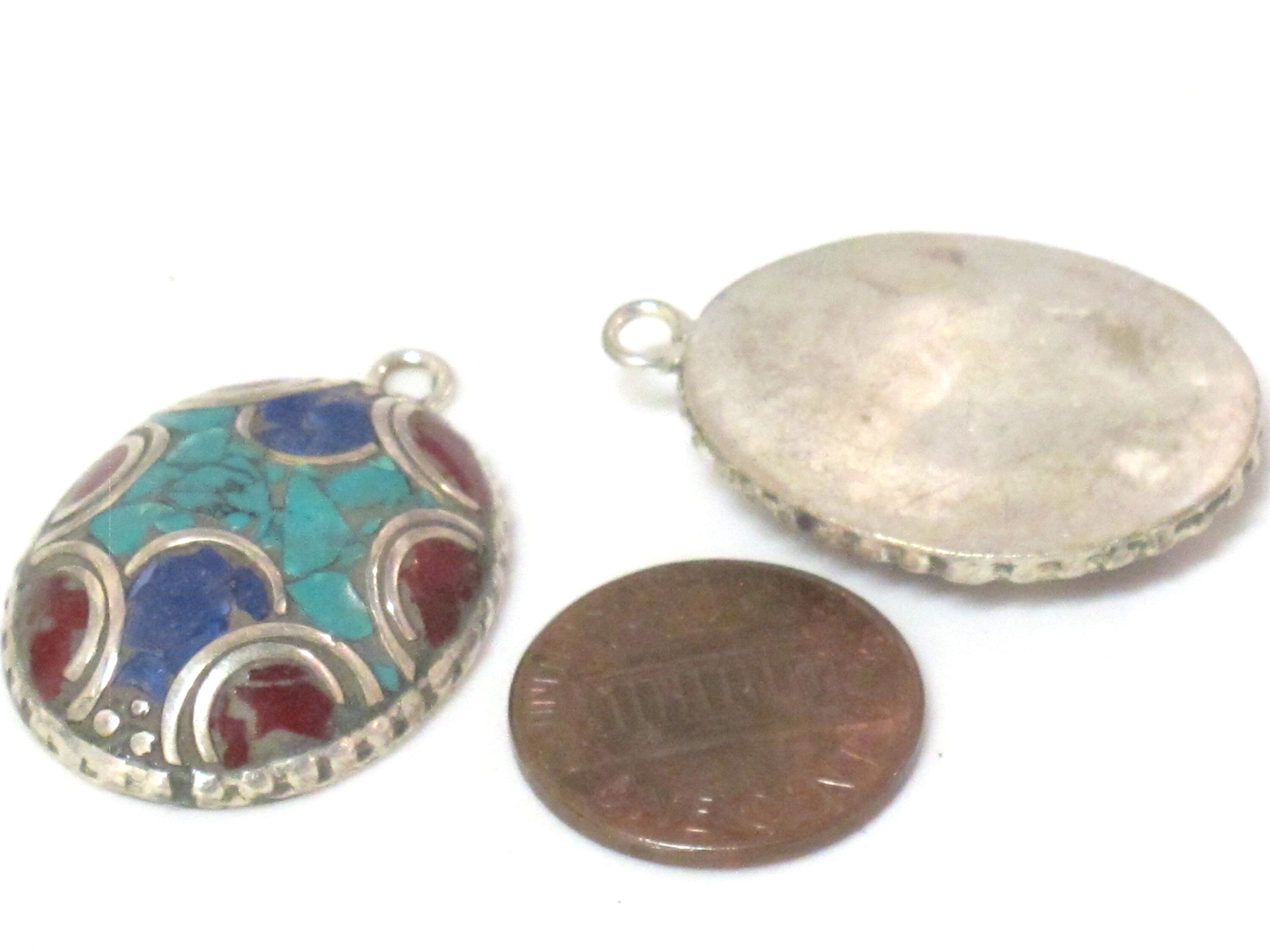 2 charms - Oval shield shape Tibetan silver finish charm pendant with mosaic turquoise lapis inlay - PM616A